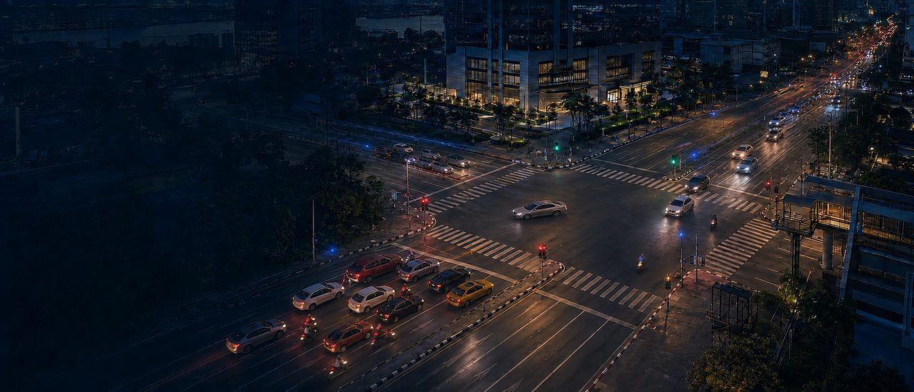 Aerial view of a signalised city intersection at dusk, with traffic queued at the stop line and vehicles crossing the junction.