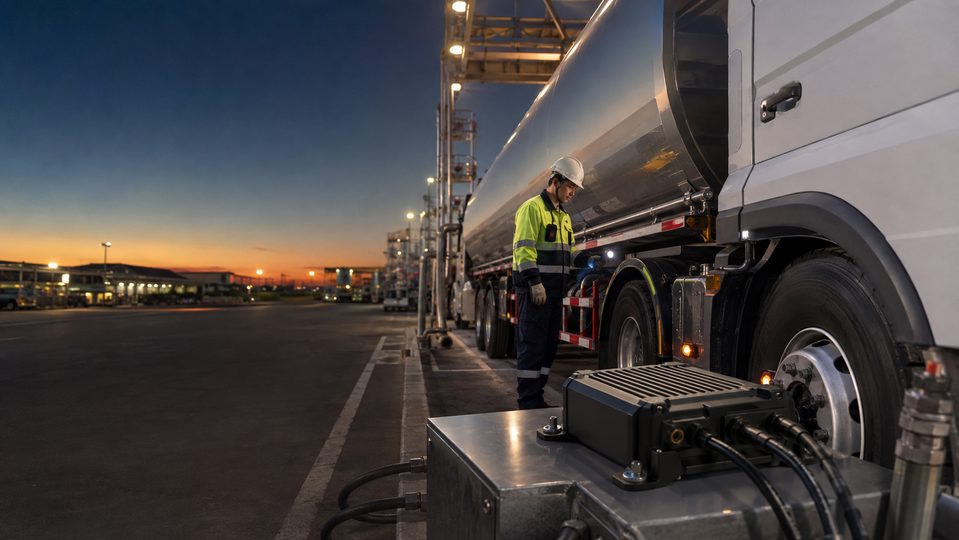 A tanker vehicle at a depot at dusk, with a ruggedised telematics unit mounted on the chassis in the foreground.
