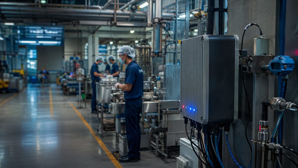 An edge gateway mounted beside production equipment on a factory floor, with operators working along the line in the background.