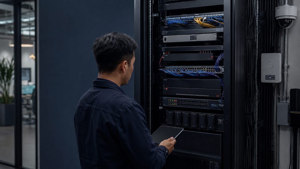 An open network cabinet with patched switches and structured cabling, next to a wall-mounted access point and a ceiling camera.
