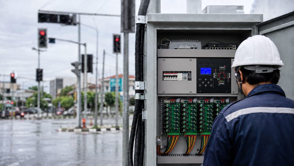 A roadside traffic controller cabinet standing open for maintenance, with the junction’s signal heads visible on the wet street behind it.